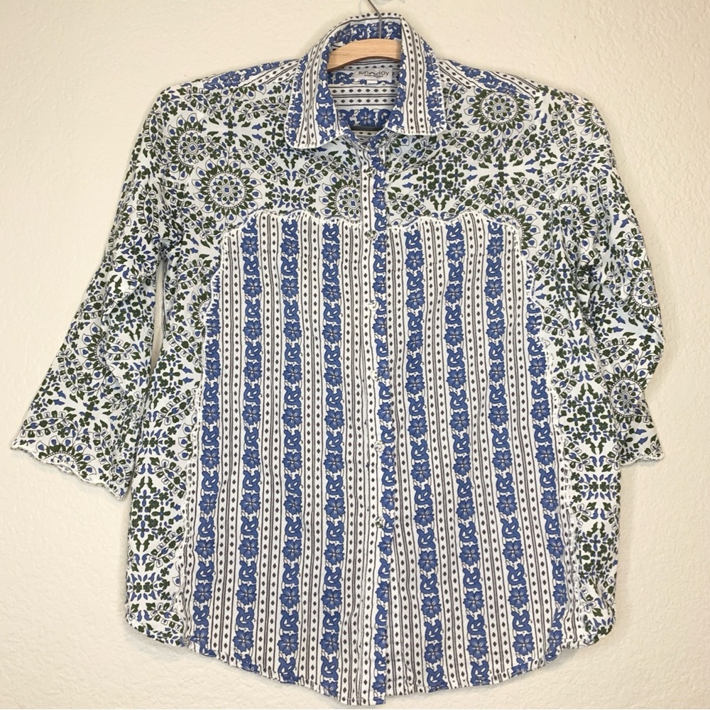 Sunday Saint Tropez Cotton Contrast Print Embroidered Hem Button Up Size S